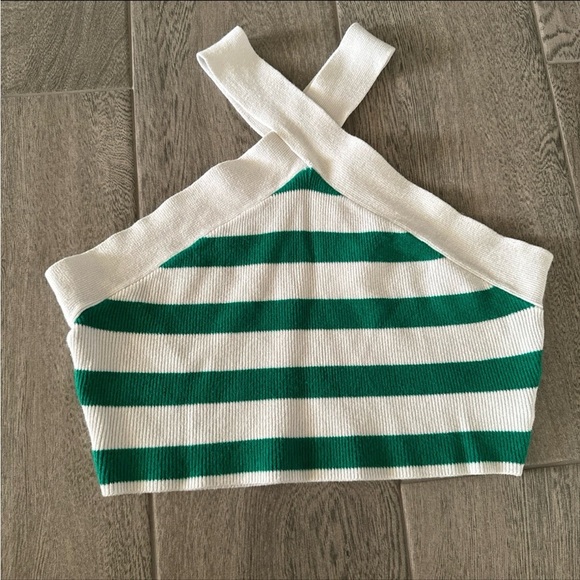 House of Harlow 1960 Tops - House of Harlow Green White Striped Ribbed Knit Halter Crop Top